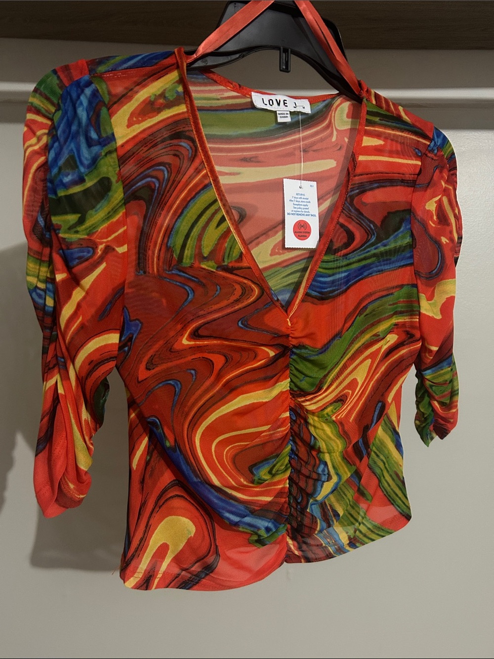 love J Red Multi-Color Swirl V-Neck Ruched Blouse